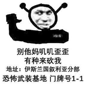 别他妈叽叽歪歪 有种来砍我 地址：伊斯兰国叙利亚分部 恐怖武装基地门牌号1-1