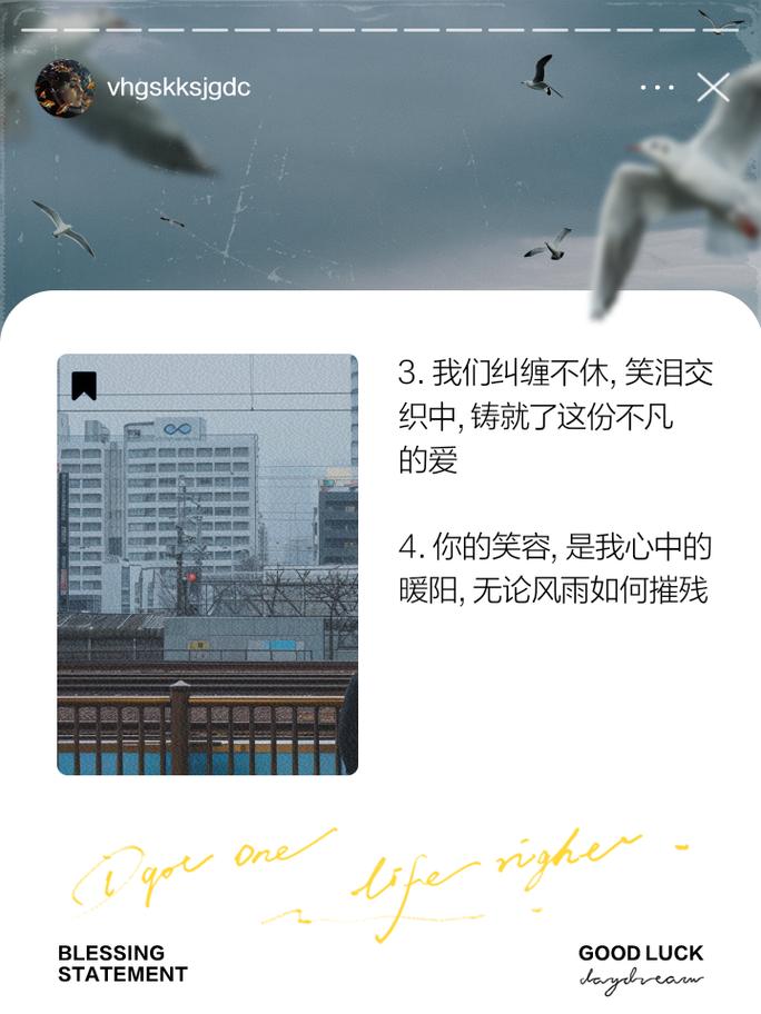 vhgskksjgdc 3.我们纠缠不休，笑泪交 织中，铸就了这份不凡 的爱 4.你的笑容，是我心中的 暖阳，无论风雨如何摧残 BLESSINOODLUCK STATEMENT daydream